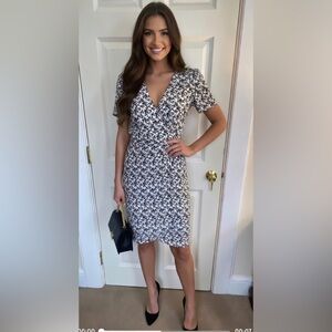 Bloomingdales Aqua Black and White Asymmetrical Short Sleeve Sundress